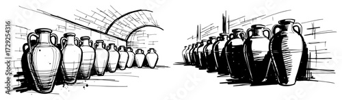 Ancient Clay Amphorae in a Cellar Sketch