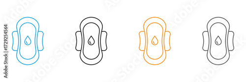 Menstrual pad icons in diverse colors represent feminine hygiene, women's health, and the importance of menstruation awareness. A modern, minimalist feminine symbol.
