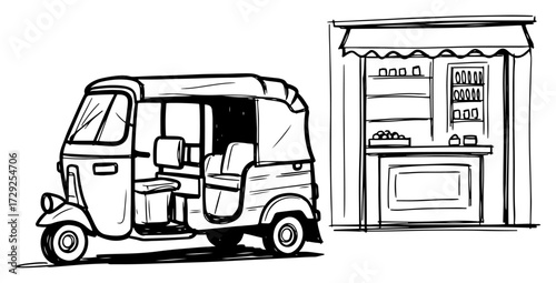 Auto Rickshaw Parked at a Street Food Stall Sketch