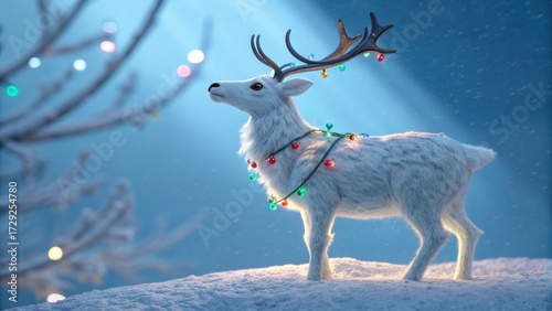 Ultra Realistic White Fluffy Reindeer With Colorful Christmas Lights On Gradient Blue Background