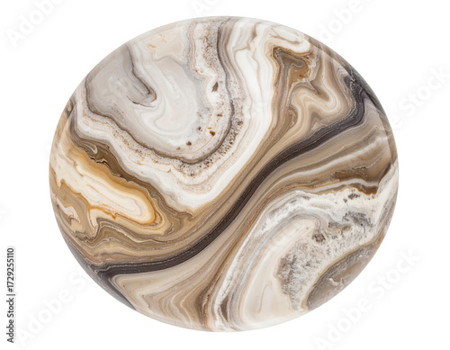 This photograph showcases a  of a circular stone with intricate, layered patterns, featuring a mesmerizing display of swirling lines and varied textures in shades of brown, cream, and gray, all set...
