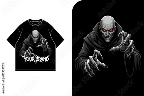A menacing illustration of a bald, hooded figure with glowing red eyes, reaching out with clawed hands.
