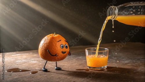 Whimsical Photo Of Orange With Tiny Legs Pouring Juice Into Glass On Brown Surface