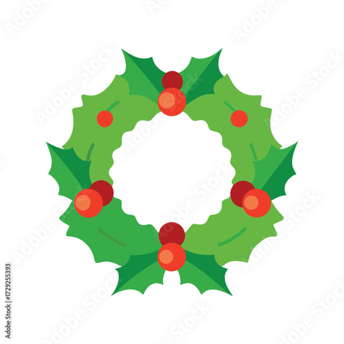 Festive christmas wreath with green leaves and red berries isolated on white background for holiday decoration
