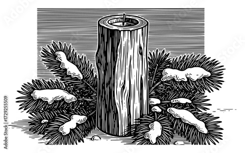 Unlit Christmas Candle with Snowy Pine Branches in an Engraved Style
