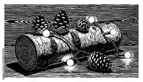 Christmas Yule Log Decoration in a Vintage Woodcut Style