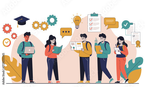 Group discussion illustration. Finding ideas together illustration. Class discussion illustration