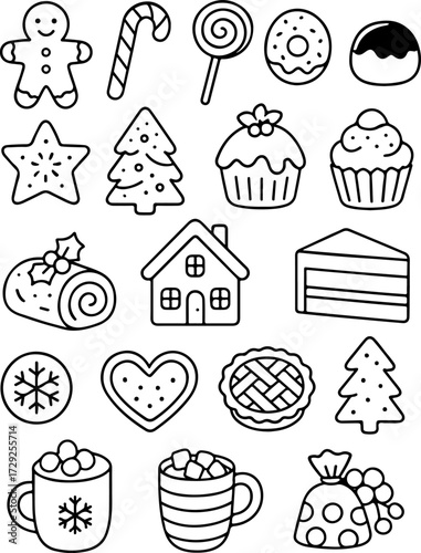 large set of holiday icons of various holiday sweets for Christmas or New Year. For holiday designs