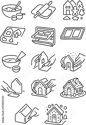 large set of holiday icons for the New Year or Christmas, showing step-by-step shots of making and decorating a gingerbread holiday house. For holiday designs