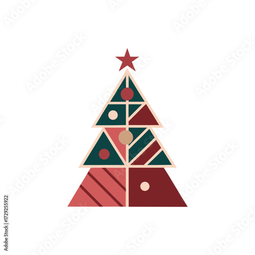 A geometric christmas tree with triangles and stripes isolated on white background, a modern holiday design