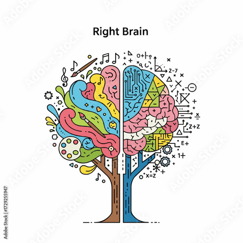 Conceptual line art illustration of the human brain's duality, representing the creative artistic mind versus the analytical logical intellect as a single growing tree