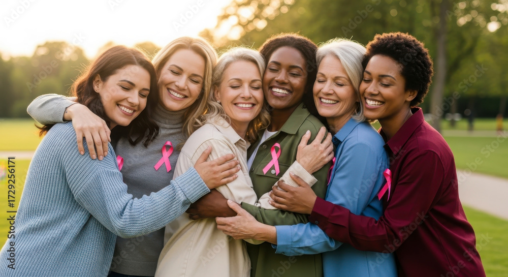 Fototapeta premium Diverse Women Embrace Together Celebrating Breast Cancer Awareness Month