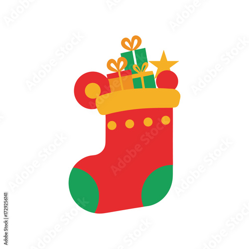Illustration of a christmas stocking filled with gifts isolated on white background, a festive decoration for the holiday season