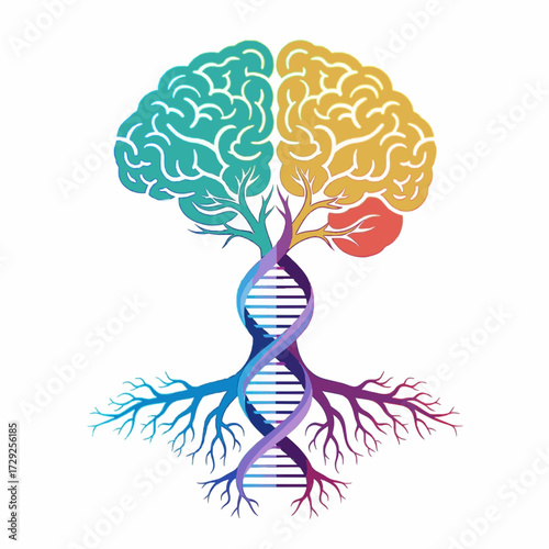 Symbolic illustration of a brain tree with a DNA double helix trunk, representing the conceptual link between genetics and human intelligence