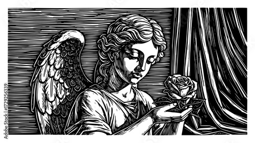 Angel with a Rose in a Vintage Woodcut Style