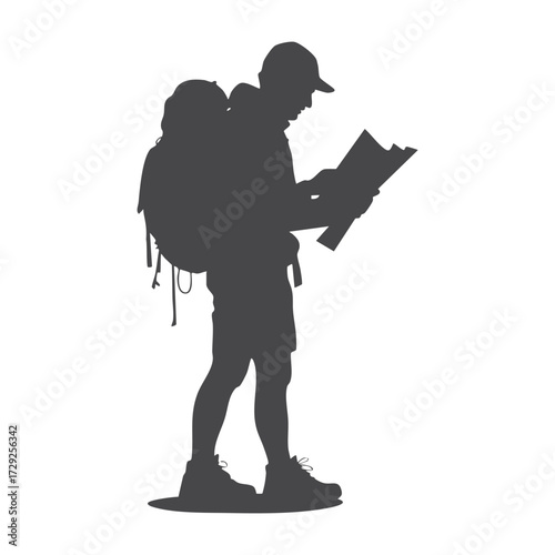 Hiker Standing with Map Backpacker Silhouette Navigation Adventure Travel and Exploration