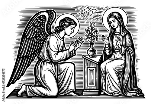 The Annunciation to Mary in a Vintage Woodcut Style