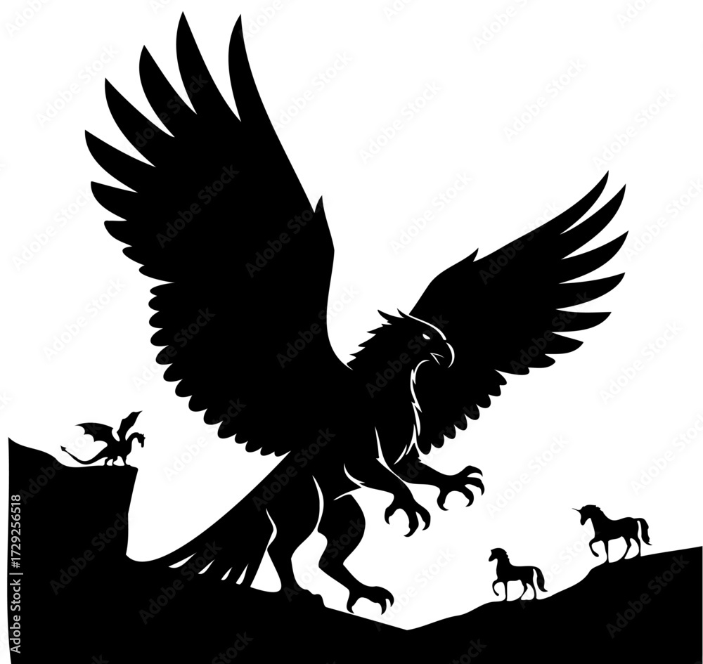 Obraz premium Mythical creatures fantasy silhouette vector illustration with griffin, dragon, and unicorns