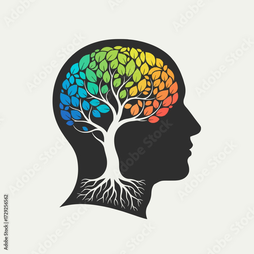 Creative concept of the human mind as a flourishing tree of knowledge, illustrating personal growth, psychology, and creative thinking