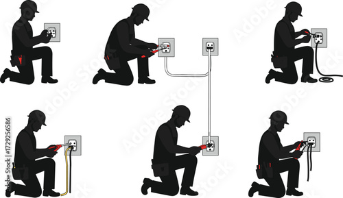 Electrician working step by step installing electrical outlet, wiring connection, repair maintenance process, safety tools, professional service vector illustration set