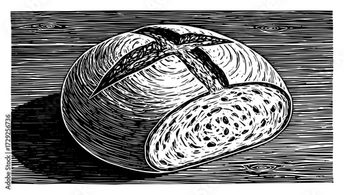 Sourdough Bread Loaf in a Vintage Woodcut Style