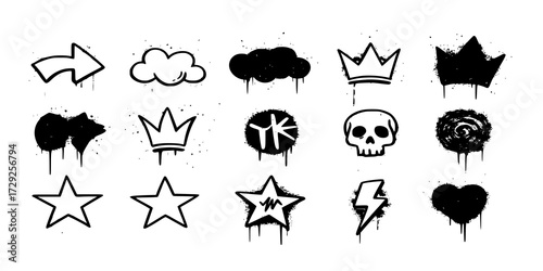 Urban graffiti spray paint element set. Street art icons with drips, splatters, and grunge texture. Set of arrow, cloud, skull, crown, star, lightning and heart. Graffiti icons with spray paint effect