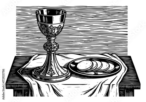 Holy Communion Symbols in a Vintage Woodcut Style