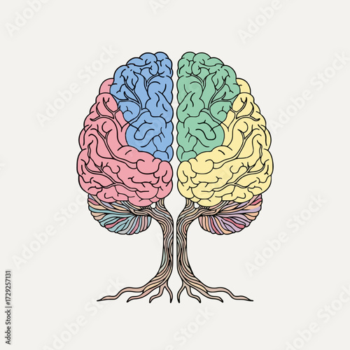 Creative concept illustration of a human brain as a growing tree with roots, symbolizing knowledge, psychology, and mental health