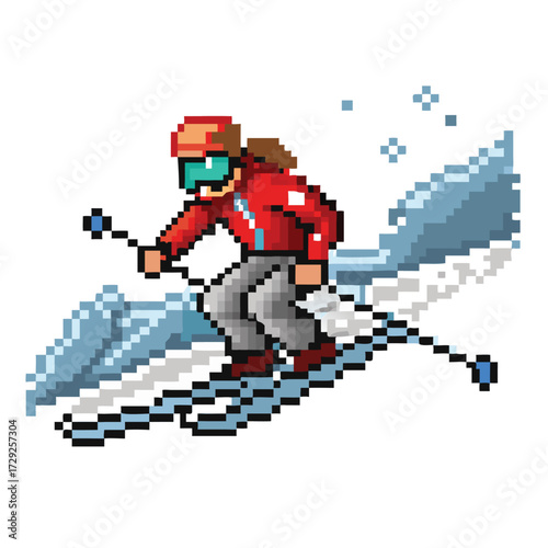 ixel Art Skier Character Sprite, 16-bit Winter Sports Athlete for RPG