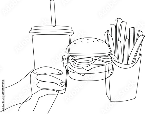 Hand drawn cartoon vector illustration of a fast food set with burger, drink in a cup, and cake on a plate