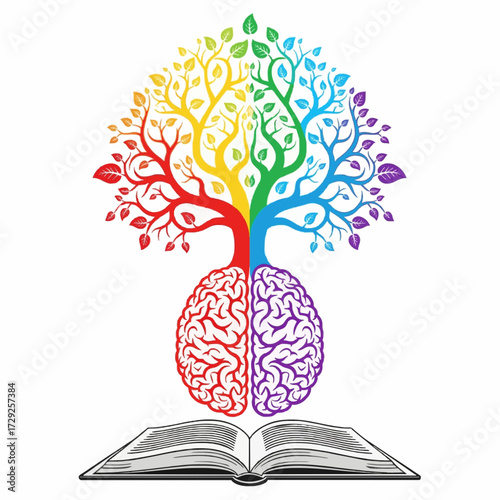 Symbolic illustration of the tree of knowledge growing from a colorful brain, representing education and creative thinking