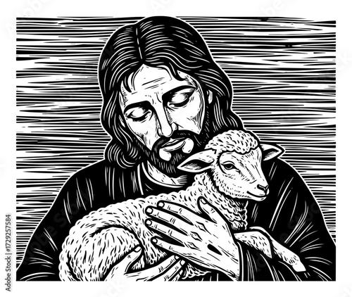 Jesus as The Good Shepherd in a Vintage Woodcut Style