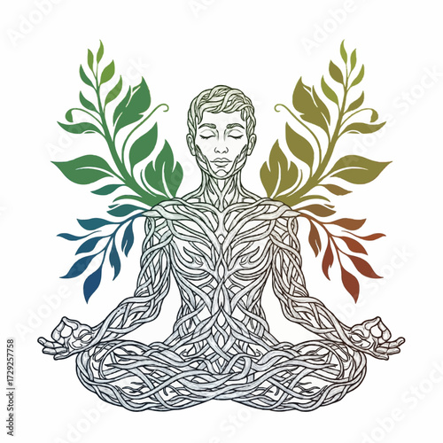 Spiritual illustration of a meditating figure whose body is formed from intricate tree roots, sprouting colorful leafy branches symbolizing growth and harmony with nature