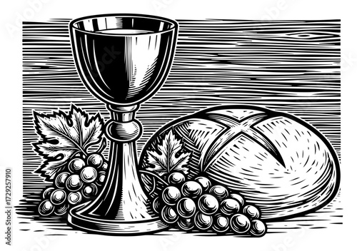 Holy Communion Symbols with Bread Wine and Grapes in a Woodcut Style