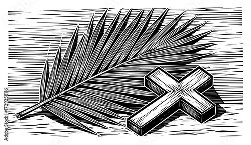 Palm Sunday Cross and Leaf in a Retro Engraved Style