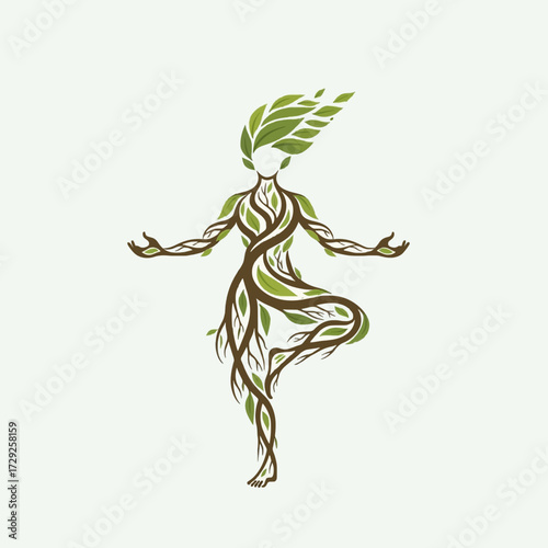 Illustration of a woman in a tree yoga pose, her body formed from intertwined branches and green leaves, symbolizing harmony with nature and wellness