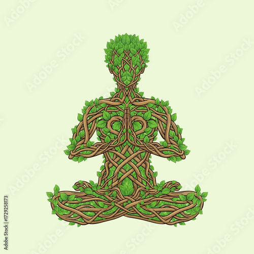 Conceptual vector art of a human figure in a meditative yoga pose, made from woven tree branches and leaves, symbolizing growth and harmony with nature