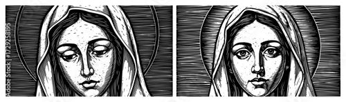 The Virgin Mary Portrait in a Vintage Linocut Style