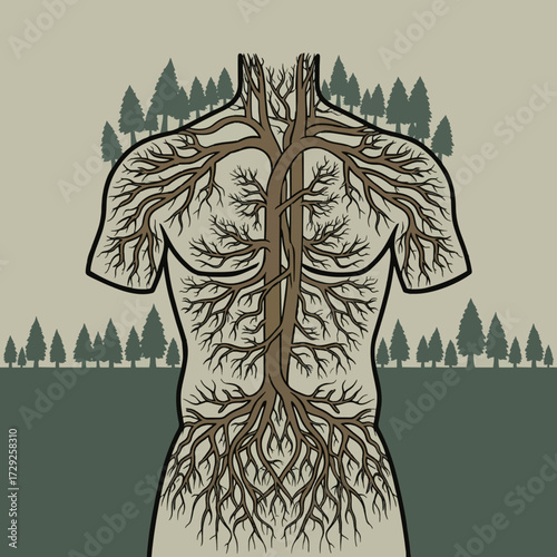 A metaphorical illustration of the deep-rooted connection between humanity and the natural world, showing a tree as the human anatomy