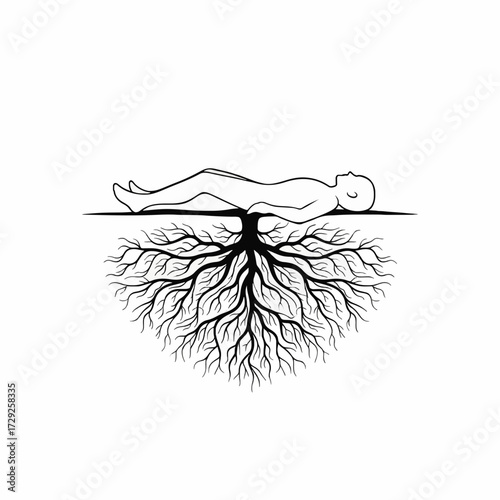 Minimalist black and white drawing of a person connected to the earth through a large root system, symbolizing ancestry, spirituality, and rebirth