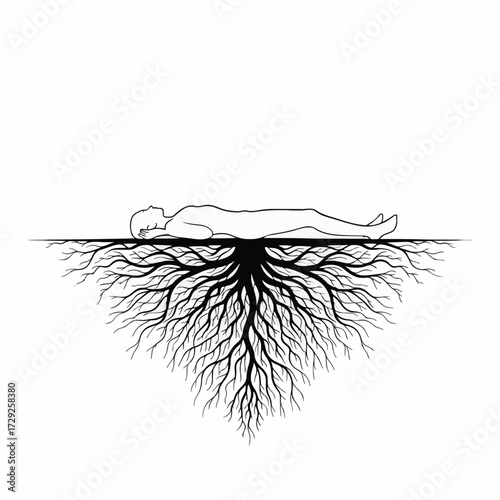 Conceptual line art of a human figure with tree roots, symbolizing a deep connection to the earth, ancestry, and the cycle of life and death