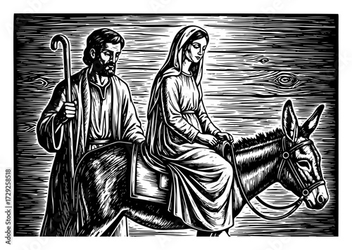 The Flight to Egypt with Mary and Joseph in a Woodcut Style