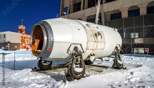 Cylindrical vehicle in snowy city at night