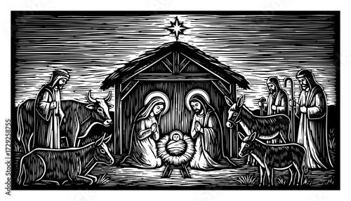 The Nativity Scene of Jesus Christ in a Woodcut Style