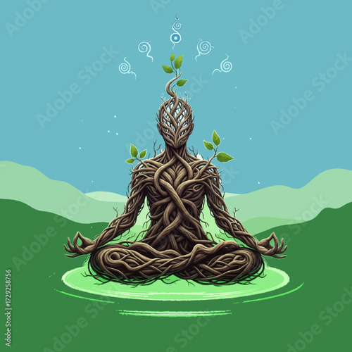 Serene illustration of a root figure in a meditative lotus pose, representing the harmony between mindfulness, nature, and spiritual growth