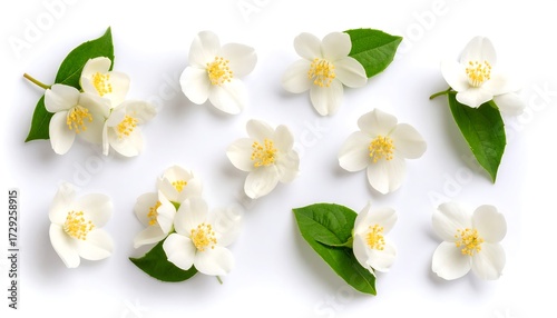 Delicate jasmine flowers and leaves arranged artfully on a white background