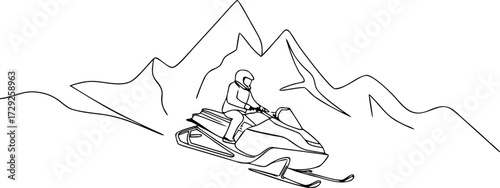 Single line illustration of winter mountain landscape and snowmobile adventure