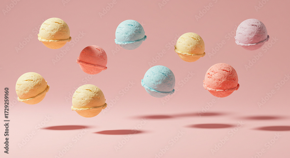 Fototapeta premium Assortment of colorful pastel ice cream cones floating against a pink background
