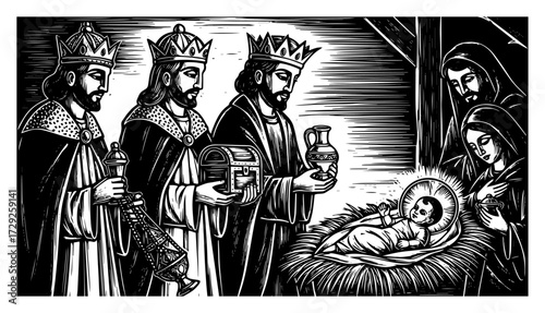 Nativity Scene with the Three Wise Men in a Vintage Woodcut Style