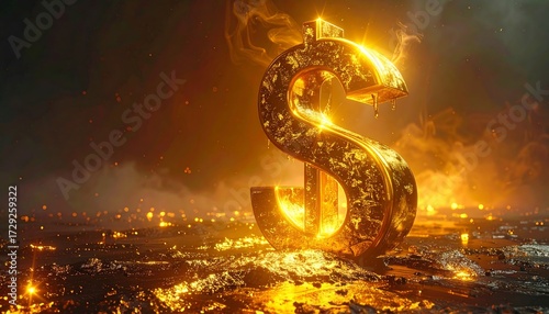 Golden dollar sign in fiery flames